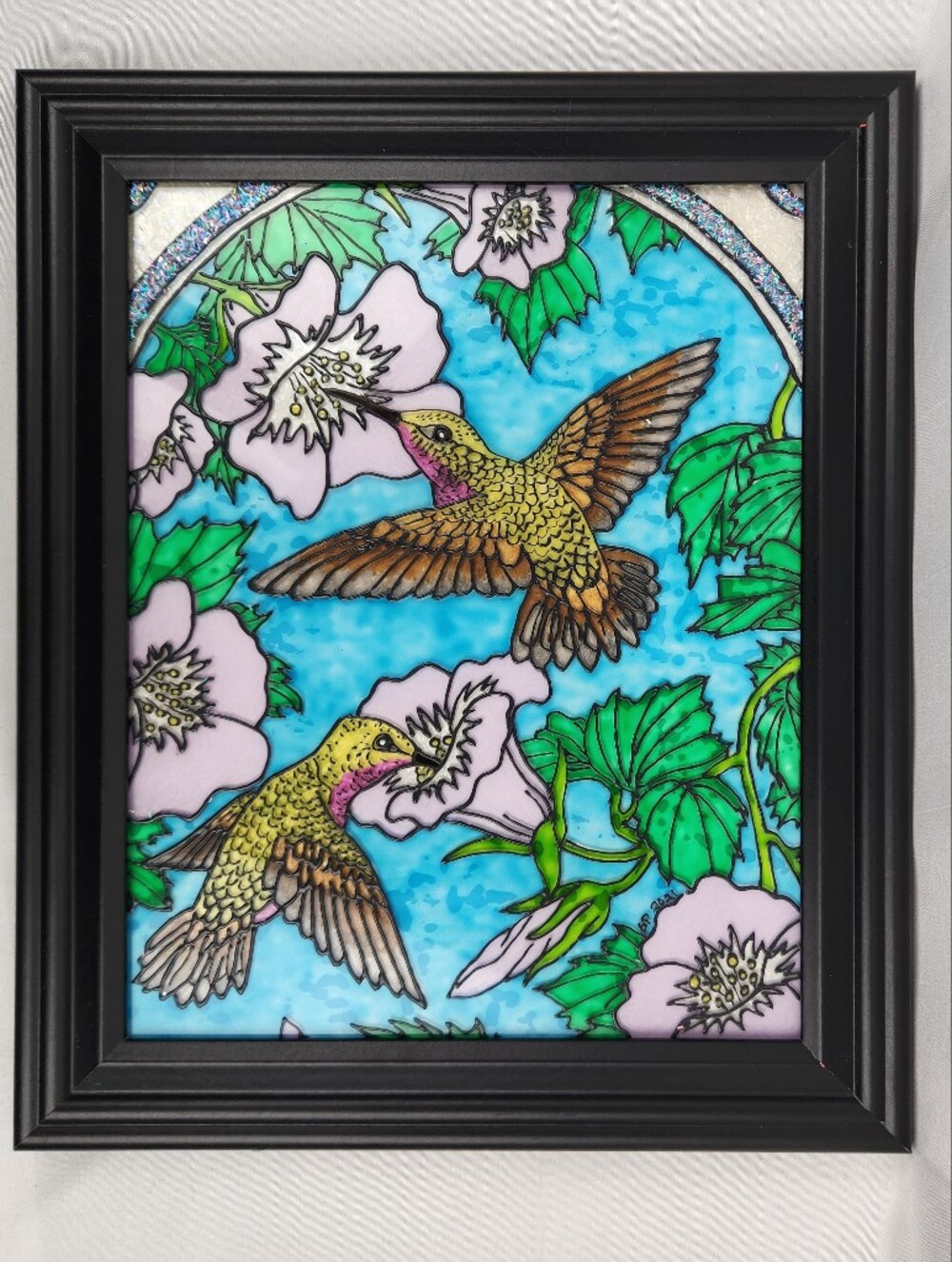 Hummingbird Floral Glass Art Wall Panel in Blue, Pink and Green
